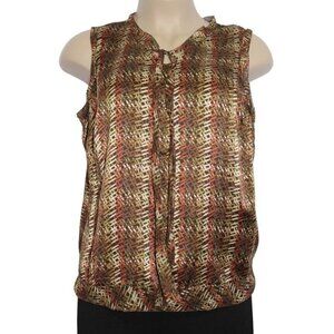 KATE HILL Sleeveless‎ Silk Top 18W Earthy Multicolor Print Sheer Zip Split Neck